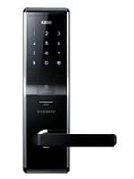 View on actual installed biometric lock with fingerprint, pin, mechanical key and remote control access