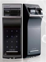 View on actual installed biometric lock with fingerprint and pin access